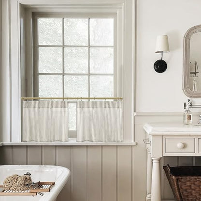 Lino Rosa 12 Inch Curtains Length,Cafe Striped Linen Farmhouse Sheer Small Window Curtains for Kitchen Bathroom,24 x 12 Inch Long 2 Panels Set - color: Taupe, size: 24"W x 12"L (Pack of 2)