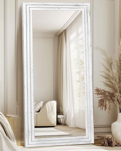 76x34in Full Length Mirror, 3-Tier Stepped Solid Wood Frame, White - color: White, size: 76"L x 34"W