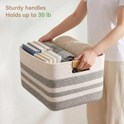 Nunsino 75L Blanket Basket with Leather Handles,Laundry Basket,Gray White - color: Grey White, size: 75L