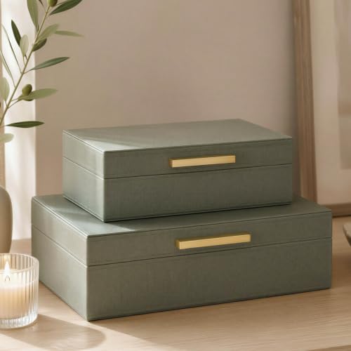 Decorative Storage Boxes with Lids - Set of 2 PU Leather Organizer Bins - color: Sage