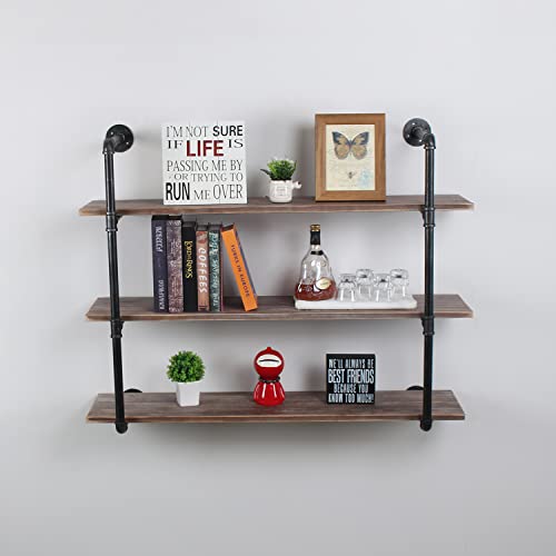 MBQQ Industrial Pipe Shelving Wall Mounted,48in Rustic Metal Floating Shelves,Steampunk Real Wood Book Shelves,Wall Shelf Unit Bookshelf Hanging Wall Shelves,Farmhouse Kitchen Bar Shelving(3 Tier) - color: 3-layer, size: 48in