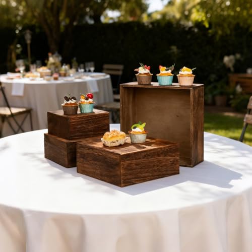 4 Pcs Dessert Table Display Risers, Cubic Rustic Cake Stands Wood