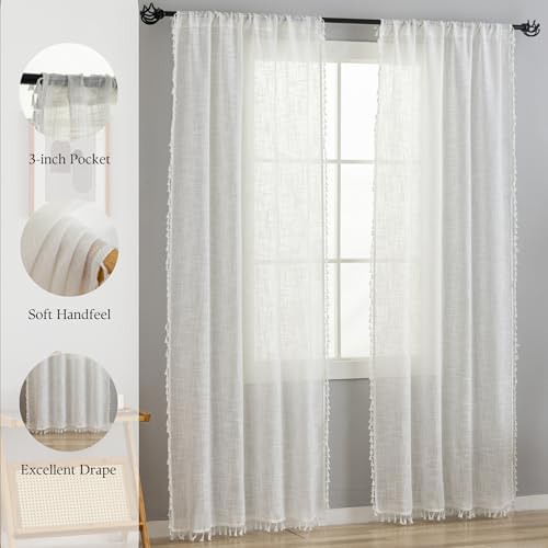 Linen Texture Boho Curtains 84 Inches Long for Living Room Farmhouse Curtains & Drapes Country Style, 40" W x 84" L, Off White, 2 Panels - color: Off White, size: 40"W x 84"L (Pack of 2)