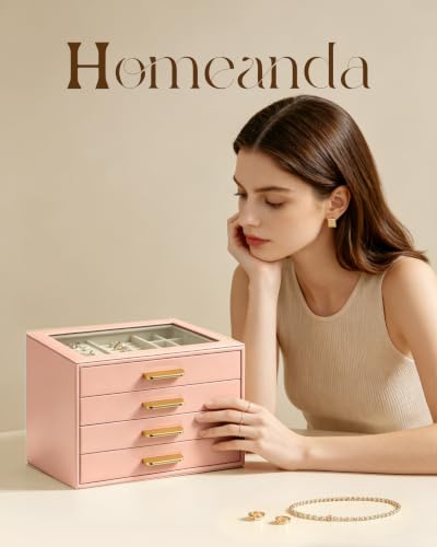 Homeanda Jewelry Boxes Organizer with Glass Lid, 4-Layer PU Leather, Pink - color: Mauve Pink, size: 4 Layer