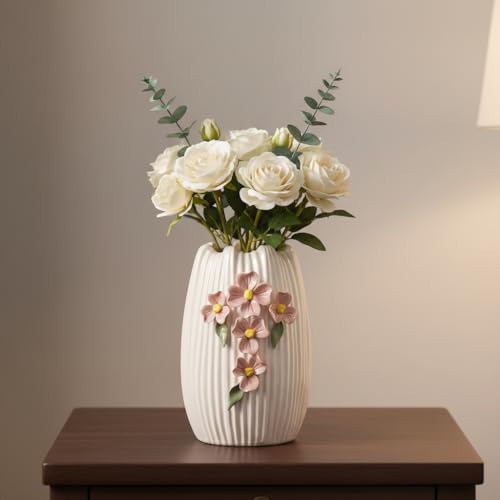 Ceramic Flower Vase, 7 Inch Small Boho Vase, White - color: White and Pink, size: 7 inch