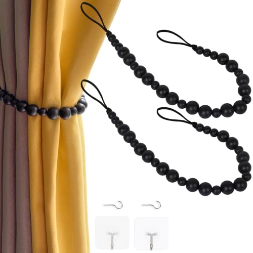 2 Pack Wood Bead Curtain Tieback, Boho Curtain Holdbacks, Black - color: Black Color