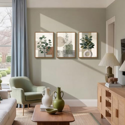 3 Pcs Framed Sage Green Boho Botanical Neutral Abstract Canvas Wall Art - color: Eucalyptus Bamboo Plant, size: 16"x24"x3Pcs