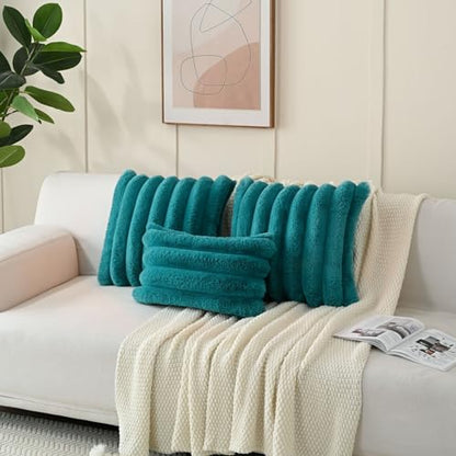 HAUSSY Pack of 2 Faux Fur Striped Throw Pillow Covers 18x18 Inch, Teal - color: Teal, size: 18" x 18" (Pack of 2)