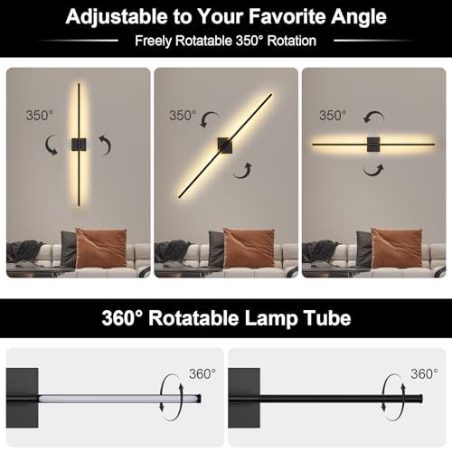 Wall Sconces Set of Two with Remote Control, 39.4 in Dimmable Black Battery Operated Wall Lights, 350° Ratation 3000K-6000K LED Wireless Rechargeable Sconce for Bathroom, Living Room, Bedroom - color: Black, size: 39.4in(2 Pack)