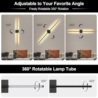 Wall Sconces Set of Two with Remote Control, 39.4 in Dimmable Black Battery Operated Wall Lights, 350° Ratation 3000K-6000K LED Wireless Rechargeable Sconce for Bathroom, Living Room, Bedroom - color: Black, size: 39.4in(2 Pack)