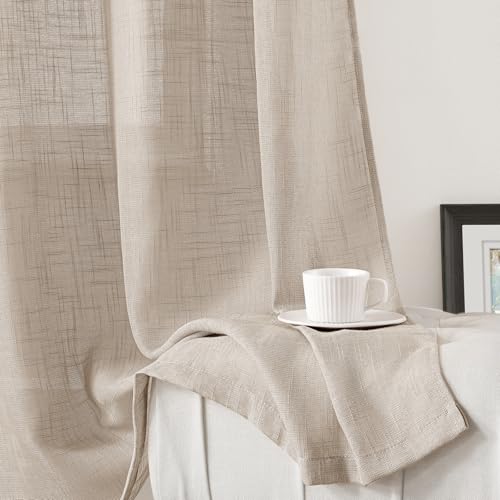 HOMEIDEAS Taupe Curtains 84 Inches Long, Linen Textured Sheer Curtain - color: Beige/Taupe, size: 52"W x 84"L (Pack of 2)
