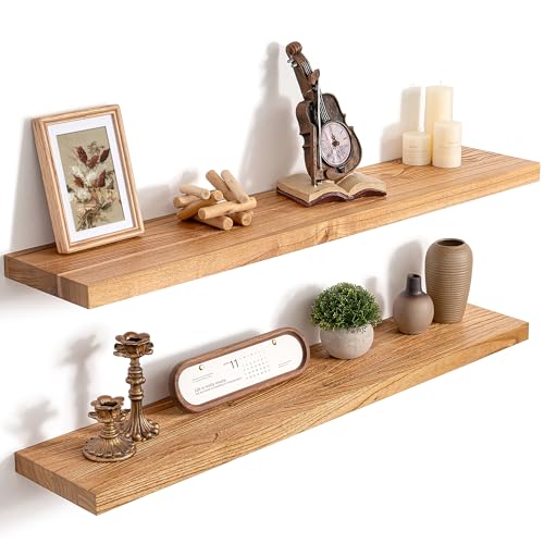 RICHFOCUS 40inch Natural Floating Shelves for Wall, 8" Deep High End Solid Real Wood Wall Shelves for Bathroom, Rustic Wooden Floating Shelves with Invisible Brackets for Books Storage Decor, Set of 2 - color: Natural, size: 40inch