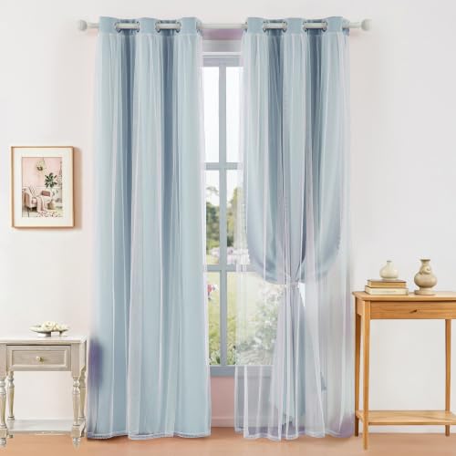 indistar Home Blackout Curtains Double Layer Solid Sheer Grommet Top Window Curtain Panel Pair, 35Wx72L,Sky Blue - color: Sky Blue, size: 35"W x 72"L (Pack of 2)