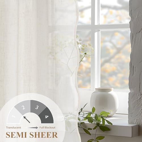 DriftAway Semi Sheer Scalloped Edge Linen Coastal Beach Window Curtains for Living Room Bedroom 2 Panels Rod Pocket Each Size 52 Inch by 102 Inch Taupe - color: Linen Taupe, size: 52"W x 102"L (Pack of 2)