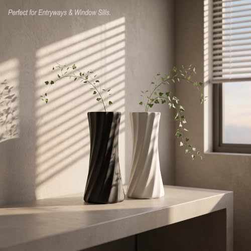 Small Ceramic Vase Set of 2-4.6 Inch Matte Black and White Modern Bud Vases for Flowers, Tiny Geometric Sculptural Object for Shelf Decor, Bookcase, Countertop, Minimalist Home Decor Accents