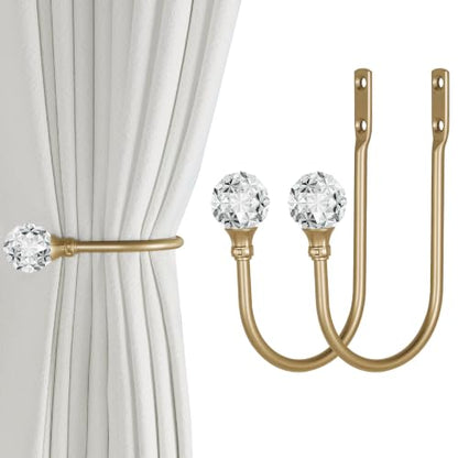 Groleca 2 x Heavy Duty U Shaped Metal Curtain Holdbacks Curtain Tiebacks with Clear Crystal Ball Pull Backs Curtain Holders for Drapes (Champagne Gold) - color: Champagne Gold