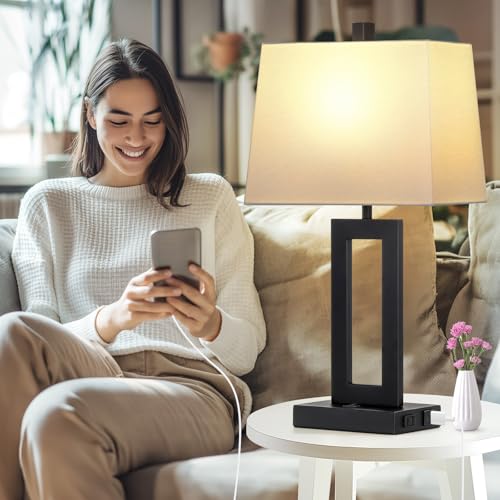 Cinkeda Black Bedside Table Lamp Set of 2,Nightstand Lamps with USB Ports - color: A.White&Black