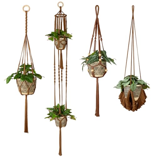 Macrame Plant Hanger Indoor Set of 4, Bohemian Hanging Planter with Tassels - color: Dark Brown