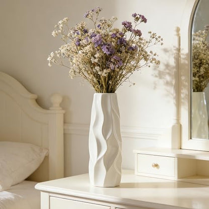 White Ceramic Flower Vase, 12 Inch, Pleated Wave Design