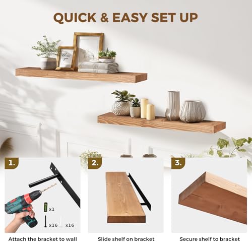 Solid Wood Floating Shelves, 36 Inch Wall Shelves, Set of 2, Oak - color: Oak, size: 36x8x1.6