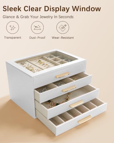 Homeanda Jewelry Boxes Organizer with Glass Lid, 4-Layer PU Leather, White - color: White, size: 4 Layer