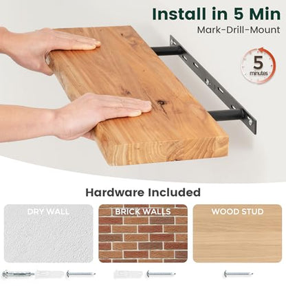 24in Live Edge Solid Elm Floating Shelves, Natural, Set of 2 - color: Natural Color, size: Live Edge 24 inch, 2Packs
