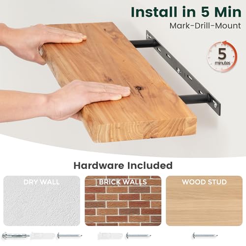 48in Live Edge Solid Elm Floating Shelves, Natural, Set of 1 - color: Natural Color, size: Live Edge 48 inch, 1Pack