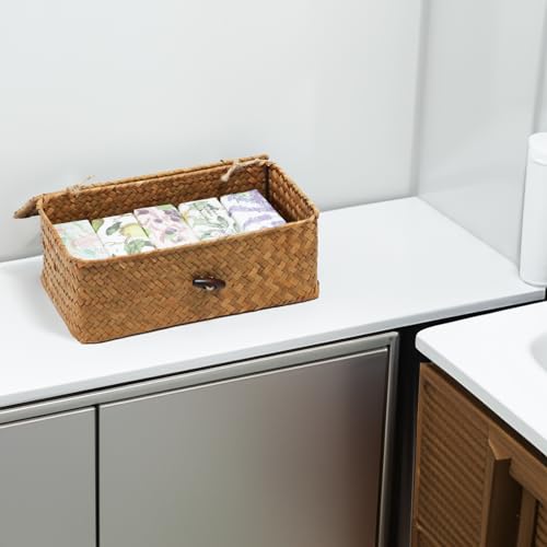 Wicker Storage Basket with Lid, Seagrass Storage Baskets for Organizing - color: Natural, size: 9.05" x 5.11" x 3.34"