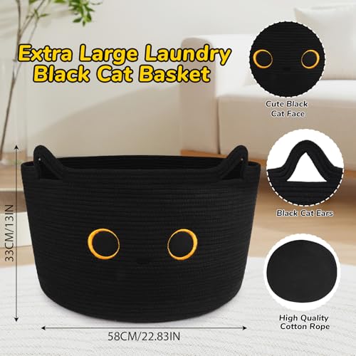 Large Black Cat Basket for Nursery,Cute Cat Woven Laundry Blanket Cotton - color: Black, size: 23 × 13 inches
