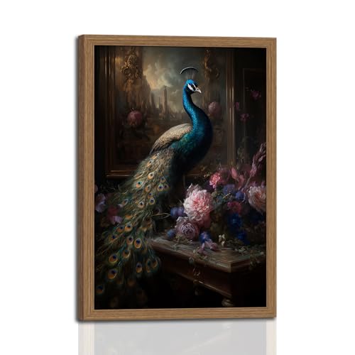 Framed Blue Peacock Wall Art Vintage Peacock and Flower Canvas Prints Animal Picture Wall Decor for Living Room, Bedroom, and Home Decor 12x16in - color: Elegant Peacock with Flowers, size: 12"L x 16"W