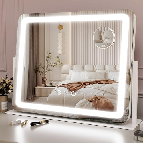 ROLOVE Large Vanity Mirror with Lights, 22"x17" Lighted Makeup Mirror for Desk, 3 Color Dimmable LED Lights, Smart Touch Control & 360° Rotation Tabletop Dresser Mirror (White) - color: White, size: 22"L x 17"W