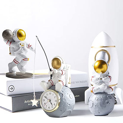 Astronaut Figure Clock for Desktop & Shelf, Battery Operated, Astronaut & Planet Figurine Statue for Office & Outer Space Themed Bedroom Decor, Decorative Small Table Clock, Fishing Star