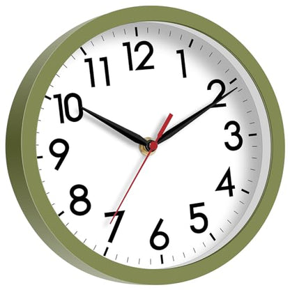 AKCISOT 8 Inch Wall Clock, Silent Battery Operated Analog Clock, Green - color: E_olive Green, size: 8 Inch