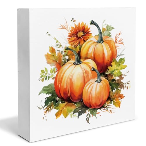 Fall Decor Farmhouse Pumpkins Wooden Box Sign Fall Harvest Decorations Rustic Home Desk Shelf Tabletop Decor 5 x 5 Inches - color: Multicolor OOO