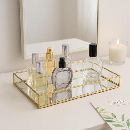 Feyarl Gold Glass Perfume Fragrance Tray Mirror Vanity Jewelry Trinket Magazine Photo Organizer Ornate Cosmetic Makeup Display Decorative Coffee Table Tray for Home Decor Dresser Tabletop （11.8” x 8"）