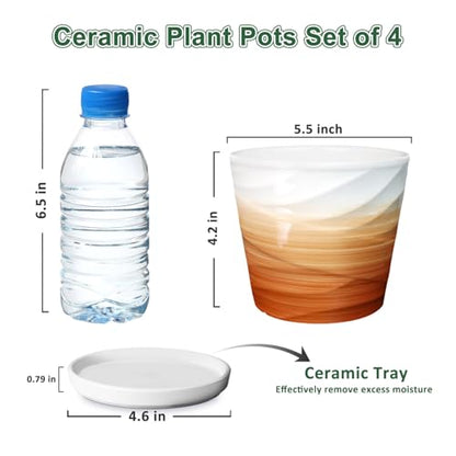 5 Inch Ceramic Plant Pot(5.5 in Diameter, 4 Pack) - color: Khaki + White, size: 5.5 Inch-4 Pack