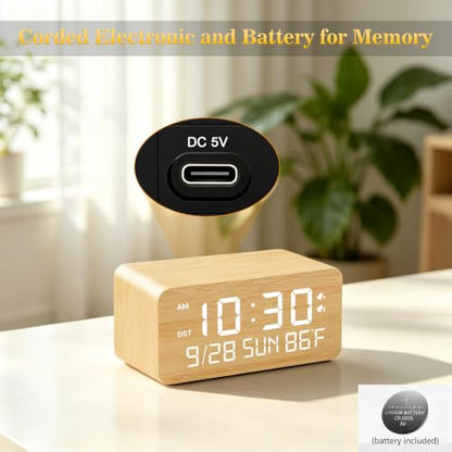 Andoolex Wooden Digital Alarm Clock with Wireless Charging, 0-100% Adjustable Brightness Dimmer and Alarm Volume, Weekday/Weekend Mode, Dual Alarm, Snooze, 12/24H, Wood LED Clock for Bedroom (Bamboo) - color: Bamboo