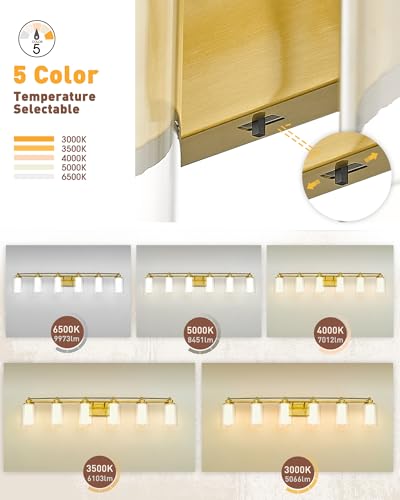 HWH Bathroom Vanity Light Fixtures 6-Light, Brushed Gold, 5HLT63B-6W-LED BG - color: Brushed Gold + LED, size: 6 Lights