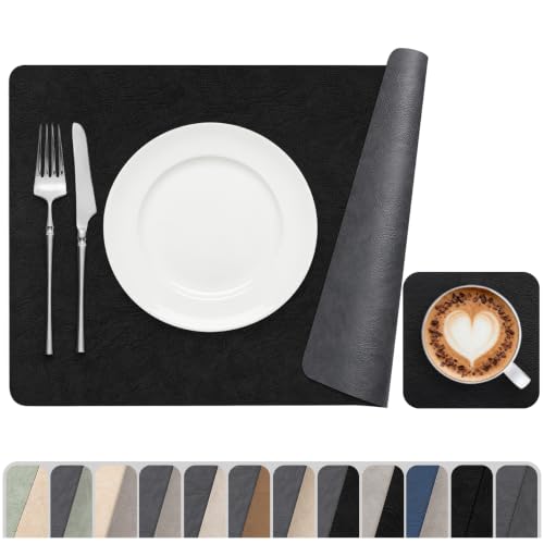 Vinyl Placemats Set of 4, Dual Sided Place Mats with Drink Coasters - color: Black/Dark Gray Two-tone, size: Set of 4