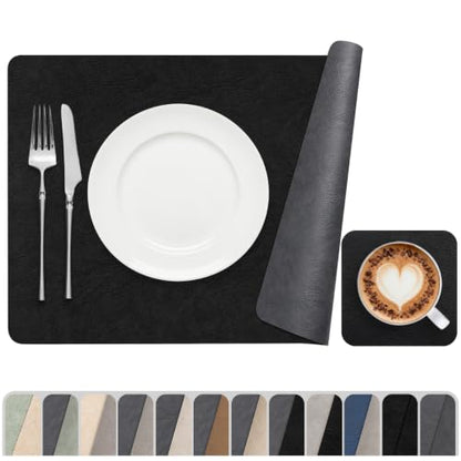 Vinyl Placemats Set of 6, Dual Sided Place Mats with Drink Coasters - color: Black/Dark Gray Two-tone, size: Set of 6