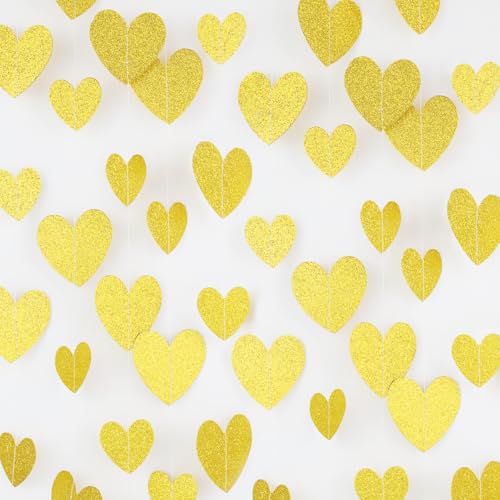 Glitter Gold Heart-Garland Party Streamers Valentines-Decorations - 56ft Glitter Silver Hanging Paper Banner Birthday Sweetheart Baby Shower Galentines Day Photoshoot Props Christmas Decor - color: Glitter Gold
