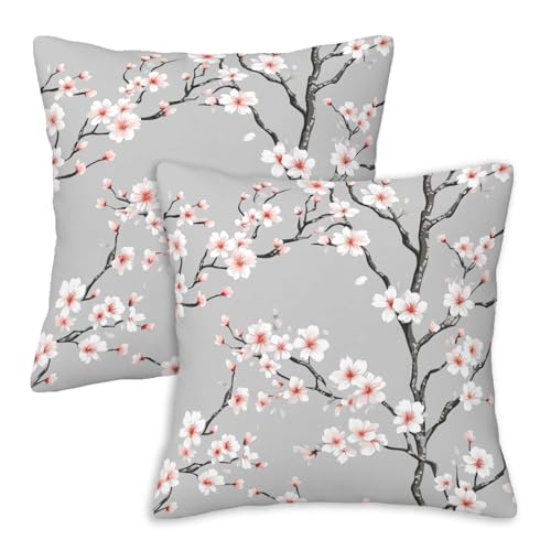Firmiso Gray Cherry Blossom Throw Pillow Covers 18x18 Set of 2, Pink White Floral Decorative Cushion Covers, Japanese Inspired Branch Pillow Cases for Sofa Couch Living Room Bedroom Home Decor - color: Cherry Blossom