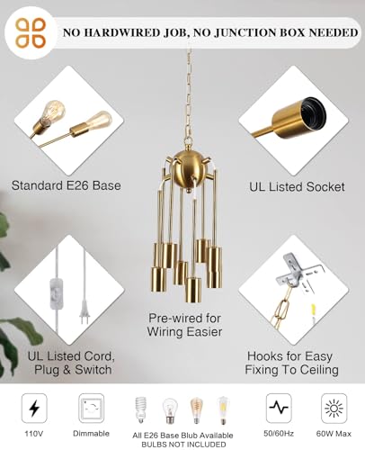 LASENCHOO 8 Lights Plug in Chandelier Gold, Sputnik Hanging Lights Fixture - color: 8 Lights-Gold-E26-Plug In, size: 8 Lights