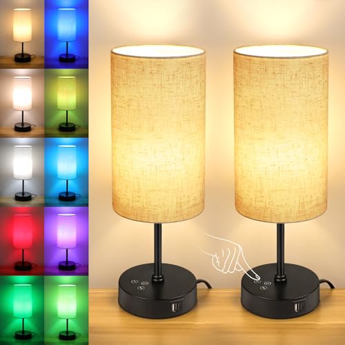 Unicozin Table Lamp Set of 2, 3 CCT 3000K/4500K/6500K & RGB Color Changing, Stepless Dimmable Small Bedside Lamp for Reading, Ambience Nightstand Light for Home Decor Party, Beige Shade - color: Beige - Black 2pcs, size: 14.5in