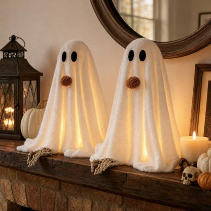 Halloween Decorations-2 Pack Light-Up Sherpa Ghosts with Pumpkin