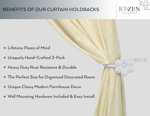RTZEN Decorative Metal Curtain Tiebacks - Farmhouse Wrought Iron Curtain Holdbacks - Drapery Holders for Wall - Unique Metal Tie Backs for Curtains - 2 Pcs (White Flower) (Pack of 2) - size: Medium (Pack of 2), style: Flower - W
