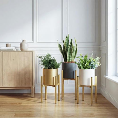 7 Inch Beige Metal Plant Pot with Drainage Hole, Indoor Outdoor - color: Beige