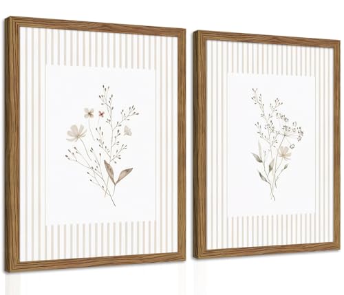 Neutral Wildflower Wall Art Set of 2, Vintage Flower Botanical Wall Decor Painting, Rustic Cottagecore Striped Floral Prints Pictures for Living Room Bedroom 16x24 Inch Framed - color: Pink Flowers, size: 24L" x 16W"