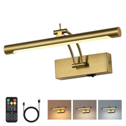 Battery Operated Picture Light with Remote,Wireless Gallery Lights Brass 12in Rechargeable Display Light with Flexible Swing Arm,Dimmable Wall Sconce for Artwork on Wall - color: Model A-Brass