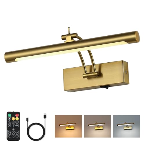 Battery Operated Picture Light with Remote,Wireless Gallery Lights Brass 12in Rechargeable Display Light with Flexible Swing Arm,Dimmable Wall Sconce for Artwork on Wall - color: Model A-Brass